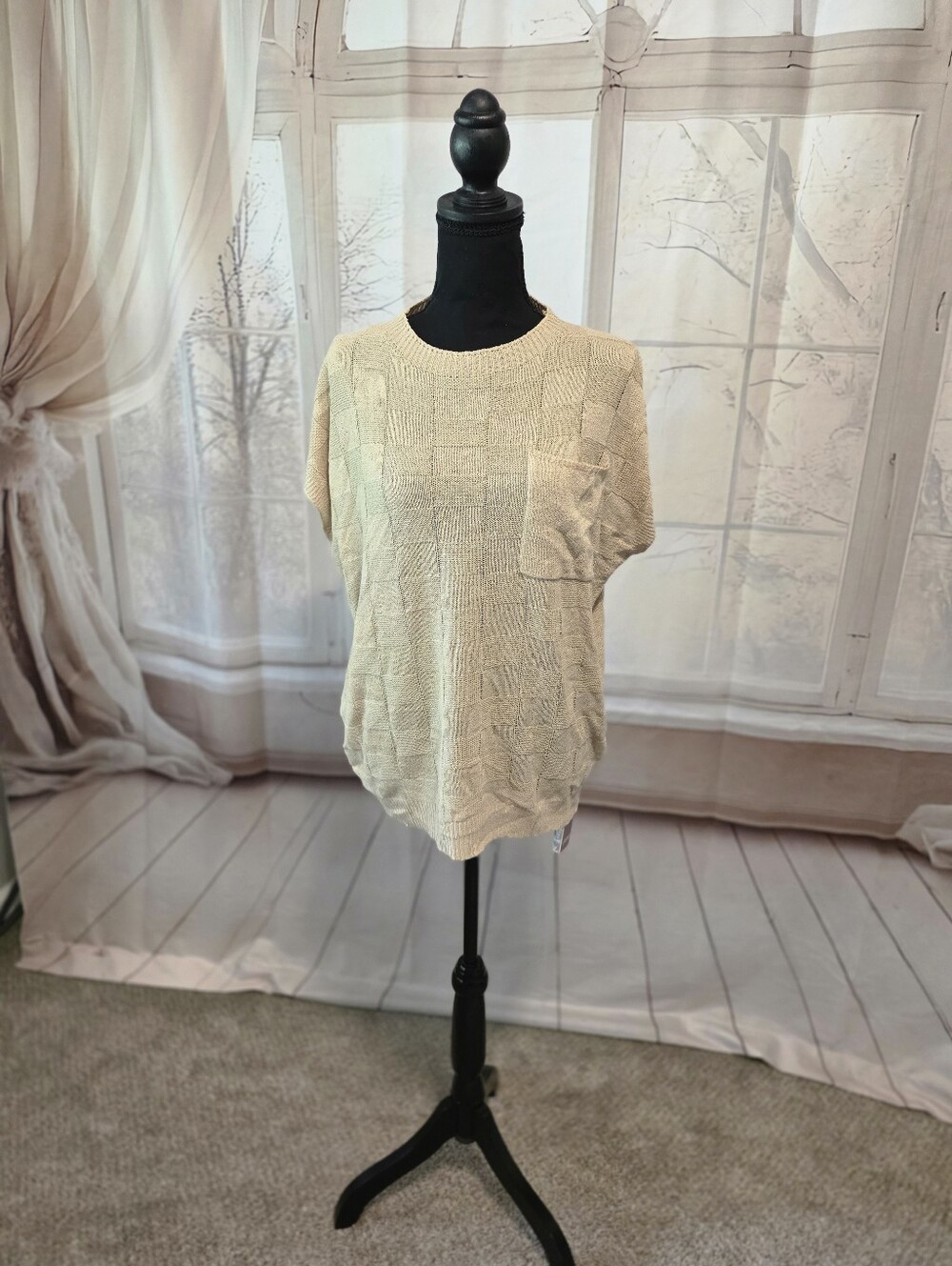 Ivory Knit Short-Sleeve Pocket Sweater Top